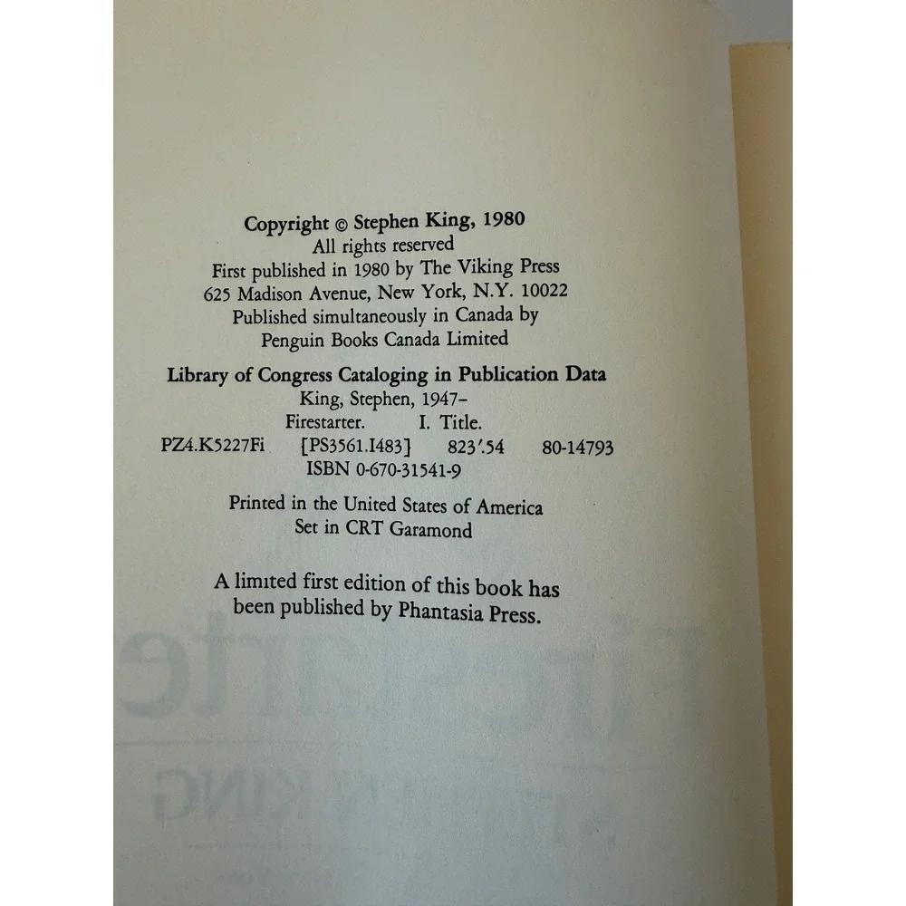 Firestarter Stephen King First Edition 1980 Viking‎ Press Hardcover Horror Novel